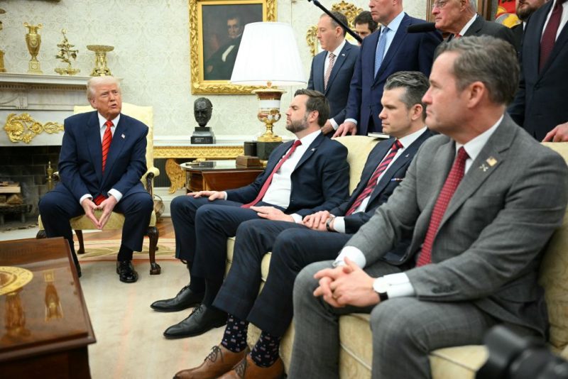 US President Donald Trump speaks to the press as he meets with NATO Secretary General Mark Rutte in the Oval Office of the White House in Washington, DC, on March 13, 2025 as, seated from L to R, Vice Presient JD Vance, Defense Secretary Pete Hegseth and National Security Advisor Mike Waltz, and standing, special envoy to Ukraine and Russia Keith Kellog (R) and NATO ambassador nominee Matthew Whitaker (C) look on. (Photo by Mandel NGAN / AFP) (Photo by MANDEL NGAN/AFP via Getty Images)