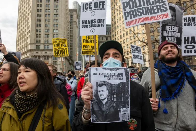 NEW YORK, NEW YORK - MARCH 12: Hundreds turn out outside of a New York court to protest the arrest and detention of Mahmoud Khalil, a green card holder and recent Columbia graduate who played a role in pro-Palestinian protests at the university on March 12, 2025 in New York City. A federal judge in New York will hear arguments for and against Khalil, a Palestinian and legal permanent resident of the United States. He was arrested by federal immigration agents in New York City on Saturday and was subsequently transferred to a facility in Jena, Louisiana, where he is being held. (Photo by Spencer Platt/Getty Images)