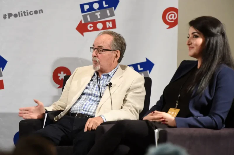 PASADENA, CA - JULY 29: David Horowitz (L) and Dr. Halleh Seddighzadeh at 'LA World Affairs Council Presents: Mid-East Mess' panel during Politicon at Pasadena Convention Center on July 29, 2017 in Pasadena, California. (Photo by Joshua Blanchard/Getty Images for Politicon)