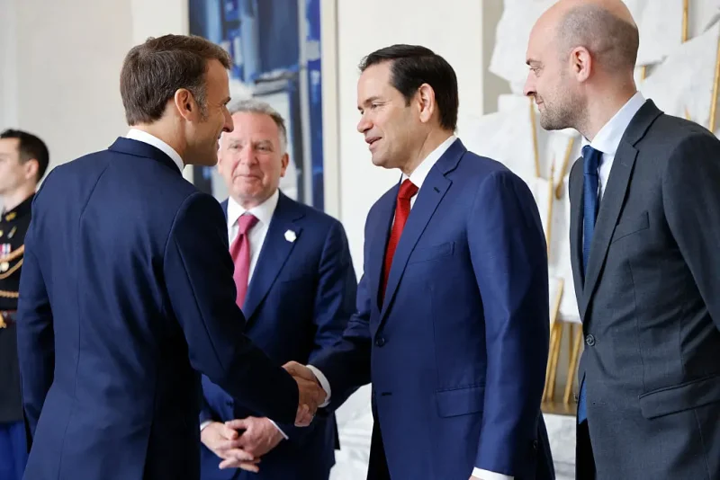 France's President Emmanuel Macron (L) shakes hands with US Secretary of State Marco Rubio (2R) next to US Special Envoy Steve Witkoff (C) and France's Minister for Europe and Foreign Affairs Jean-Noel Barrot before a meeting at the Elysee presidential palace in Paris on April 17, 2025. US Secretary of State was in Paris today to meet French President about crafting a Ukraine ceasefire, as Washington and Europe seek common ground on ending the fighting. Top Ukrainian officials were also in the French capital to meet EU and US delegations. (Photo by Ludovic MARIN / POOL / AFP) (Photo by LUDOVIC MARIN/POOL/AFP via Getty Images)