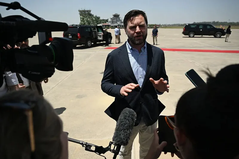 AGRA, INDIA - APRIL 23: U.S. Vice President JD Vance speaks to media as he departs Agra, India en route to Jaipur, India after visiting the Taj Mahal on April 23, 2025 in Agra, India. Vance and Indian Prime Minister Narendra Modi yesterday indicated progress had been made in talks for a trade deal between the two countries as New Delhi attempts to boosts ties with the Trump administration and avoid steep U.S. tariffs. (Photo Kenny Holston - Pool/Getty Images)