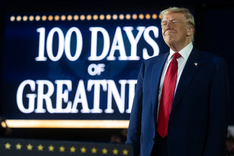 TOPSHOT - US President Donald Trump delivers a speech marking his 100th day in office at Macomb County Community College Sports Expo Center in Warren, Michigan, on April 29, 2025. Trump celebrated the first 100 days of what is already one of the most radical and far-reaching presidencies in US history, but polls show Americans becoming disenchanted with the economic and political tumult. (Photo by Jim WATSON / AFP) (Photo by JIM WATSON/AFP via Getty Images)
