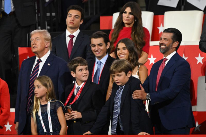 MILWAUKEE, WISCONSIN - JULY 17: Republican presidential candidate, former U.S. President Donald Trump stands with his grandchildren on the third day of the Republican National Convention at the Fiserv Forum on July 17, 2024 in Milwaukee, Wisconsin. Delegates, politicians, and the Republican faithful are in Milwaukee for the annual convention, concluding with former President Donald Trump accepting his party's presidential nomination. The RNC takes place from July 15-18. (Photo by Leon Neal/Getty Images)