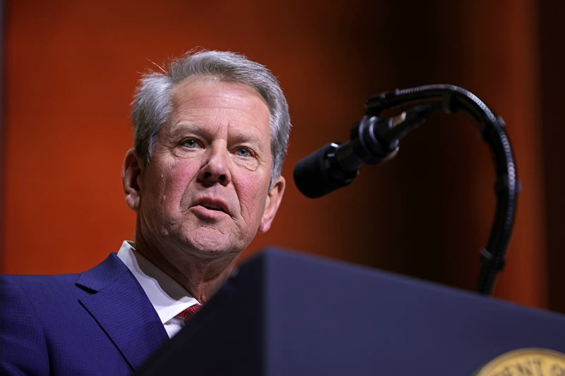 Brian Kemp, Governor of Georgia, speaks during a meeting of the Republican Governors Association at the National Building Museum in Washington, DC, on February 20, 2025. (Photo by Samuel Corum / AFP) (Photo by SAMUEL CORUM/AFP via Getty Images)