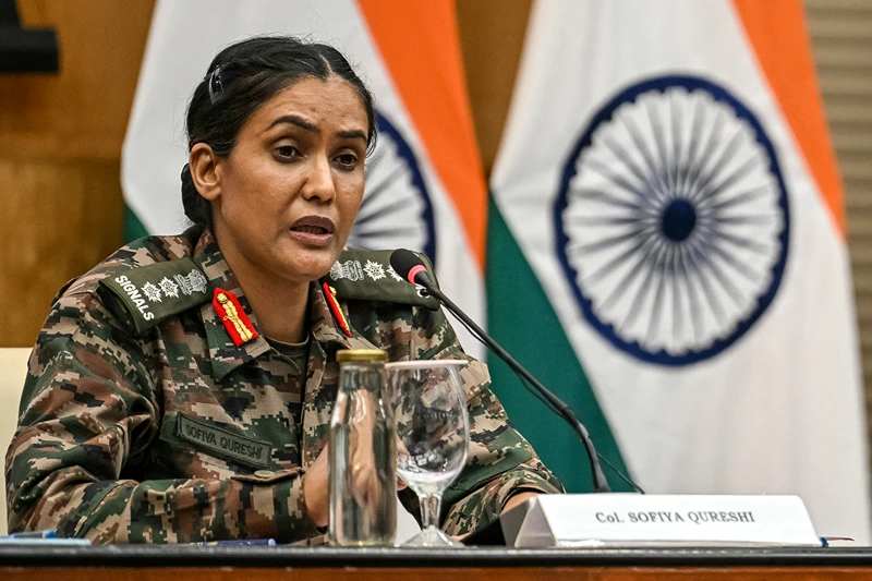 Indian Army Colonel Sophia Qureshi speaks during a press briefing, at the Ministry of External Affairs (MEA) in New Delhi on May 10, 2025. India and Pakistan agreed on May 10 to a full and immediate ceasefire after days of deadly jet fighter, missile, drone and artillery attacks, the news surprisingly announced by US President Donald Trump, who congratulated them on using "common sense". (Photo by Arun SANKAR / AFP) (Photo by ARUN SANKAR/AFP via Getty Images)