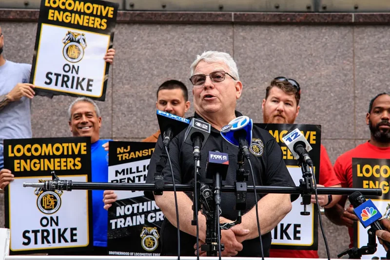 NEWARK, NEW JERSEY - MAY 16: James P. Louis Vice President | Brotherhood of Locomotive Engineers and Trainmen speaks to members of the media as they take part during a Strike outside NJ Transit's Headquarters on May 16, 2025 in Newark, New Jersey. (Photo by Kena Betancur/Getty Images)