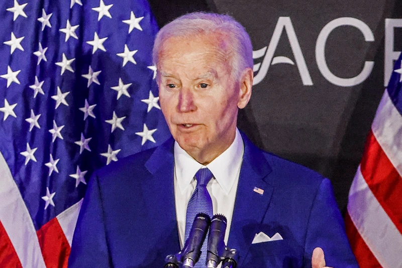 TOPSHOT - US President Joe Biden speaks during a conference of the Advocates, Counselors and Representatives for the Disabled (ACRD) at the Sofitel Hotel in Chicago, Illinois, on April 15, 2025. The event marked Biden's first public remarks since leaving the office of the US Presidency. (Photo by tannen MAURY / AFP) (Photo by TANNEN MAURY/AFP via Getty Images)