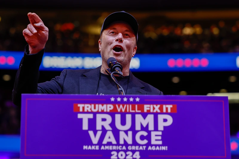 Elon Musk speaks during a campaign rally for Republican presidential nominee, former U.S. President Donald Trump at Madison Square Garden on October 27, 2024 in New York City. Trump closed out his weekend of campaigning in New York City with a guest list of speakers that includes his running mate Republican Vice Presidential nominee, U.S. Sen. J.D. Vance (R-OH), Tesla CEO Elon Musk, UFC CEO Dana White, and House Speaker Mike Johnson, among others, nine days before Election Day. (Photo by Anna Moneymaker/Getty Images)