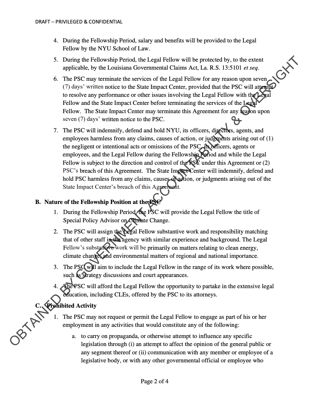 A page in the 2023 employee contract between Louisiana PSC commissioner Davante Lewis and the NYU state impact center. The contract details the fellow's responsibilities.