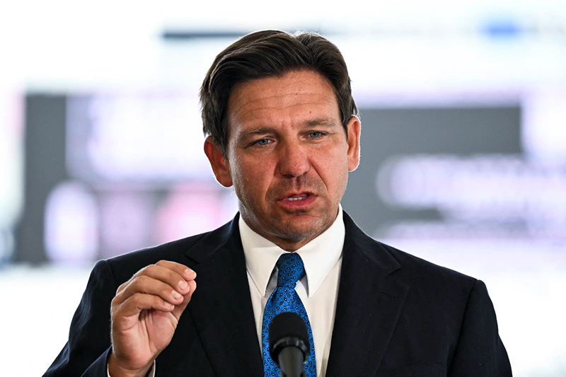 Florida Governor Ron DeSantis speaks during a news conference at Chase Stadium in Fort Lauderdale, Florida, on August 8, 2024. DeSantis awarded Miami-Dade County with an $8 million grant to help with the construction of their new stadium, Miami Freedom Park. (Photo by CHANDAN KHANNA / AFP) (Photo by CHANDAN KHANNA/AFP via Getty Images)