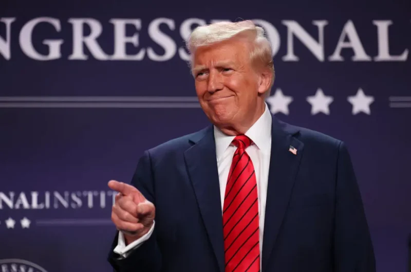 DORAL, FLORIDA - JANUARY 27: U.S. President Donald Trump acknowledges the crowd before addressing the 2025 Republican Issues Conference at the Trump National Doral Miami on January 27, 2025 in Doral, Florida. The three-day planning session was expected to lay out Trump's ambitious legislative agenda. (Photo by Joe Raedle/Getty Images)