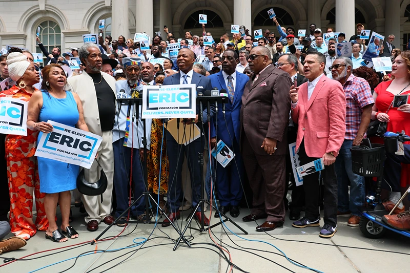 NEW YORK, NEW YORK - JUNE 26: New York City Mayor Eric Adams speaks during a press conference at City Hall on June 26, 2025 in New York City. Adams announced his re-election campaign on the steps of City Hall days after State Rep. Zohran Mamdani (D-NY) won the Democratic nomination. Adams, who will be running on an independent ticket, called Mamdani “a snake oil salesman" a day after the primary election. (Photo by Michael M. Santiago/Getty Images)