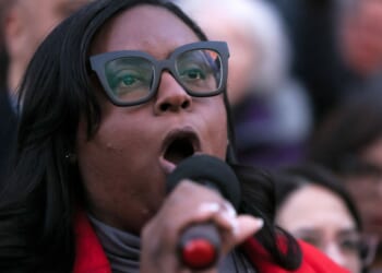 Rep. LaMonica McIver speaks during the We Choose To Fight: Nobody Elected Elon rally at the U.S. Department Of The Treasury in Washington, D.C., on Feb. 4.