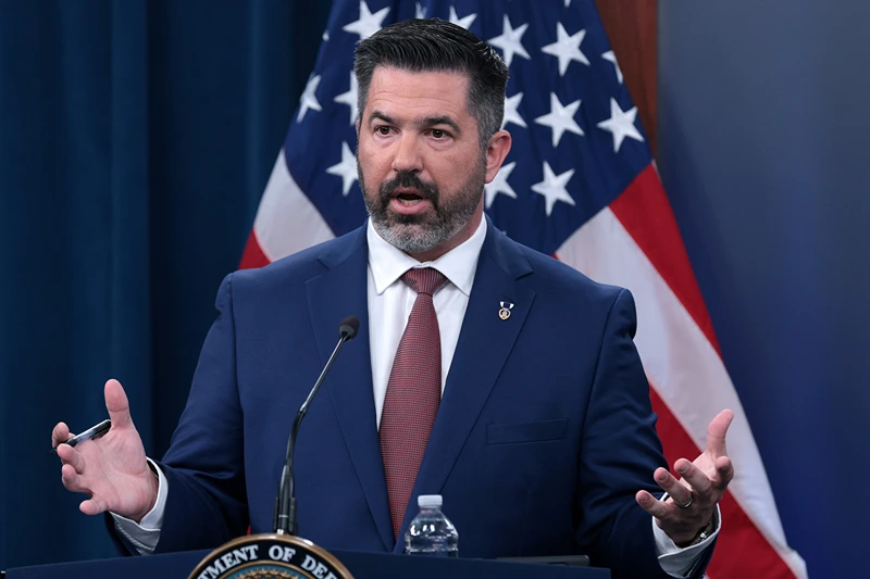 Chief Pentagon Spokesman Sean Parnell speaks during a press conference at the Pentagon on March 17, 2025 in Arlington, Virginia. Chief Pentagon Spokesman Parnell held his first news briefing to answer questions from members of the press. (Photo by Alex Wong/Getty Images)