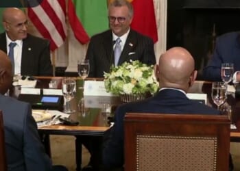 President Donald Trump, right, hosted a meeting with African leaders on Wednesday, and made a comment to Liberian President Joseph Boakai, left, which Rep. Jasmine Crockett deemed racist.