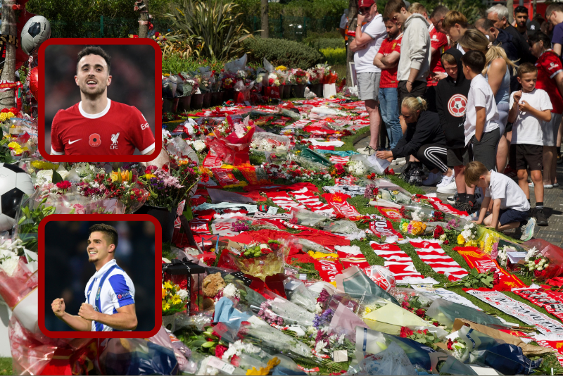 M| Well-wishers leave flowers at a memorial set up close to Anfield football ground for their Portuguese forward Diogo Jota in Liverpool, north-west England July 3, 2025. Liverpool striker Diogo Jota died along with his brother early July 3, 2025 in a road accident in northwest Spain, the Spanish Civil Guard said. The accident occurred on a highway in the province of Zamora. The vehicle "left the road" before bursting into flames, the Civil Guard said, adding that the two passengers, Diogo Jota and his brother Andre Felipe, also a professional footballer, were deceased. (Photo by Paul BARKER / AFP) (Photo by PAUL BARKER/AFP via Getty Images) T| Liverpool's Portuguese striker #20 Diogo Jota celebrates after scoring their third goal during the English Premier League football match between Liverpool and Brentford at Anfield in Liverpool, north west England on November 12, 2023. (Photo by Paul ELLIS / AFP) / RESTRICTED TO EDITORIAL USE. No use with unauthorized audio, video, data, fixture lists, club/league logos or 'live' services. Online in-match use limited to 120 images. An additional 40 images may be used in extra time. No video emulation. Social media in-match use limited to 120 images. An additional 40 images may be used in extra time. No use in betting publications, games or single club/league/player publications. / (Photo by PAUL ELLIS/AFP via Getty Images) B| Porto's midfielder Andre Silva celebrates after scoring a goal during the UEFA Champions League football match FC Porto vs Leicester City FC at the Dragao stadium in Porto on December 7, 2016. / AFP / MIGUEL RIOPA (Photo credit should read MIGUEL RIOPA/AFP via Getty Images)