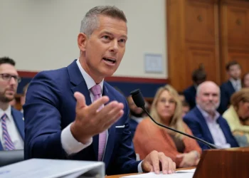 WASHINGTON, DC - JULY 16: U.S. Secretary of Transportation Sean Duffy testifies before the House Transportation and Infrastructure Committee in the Rayburn House Office Building on Capitol Hill on July 16, 2025 in Washington, DC. Duffy testified about his department