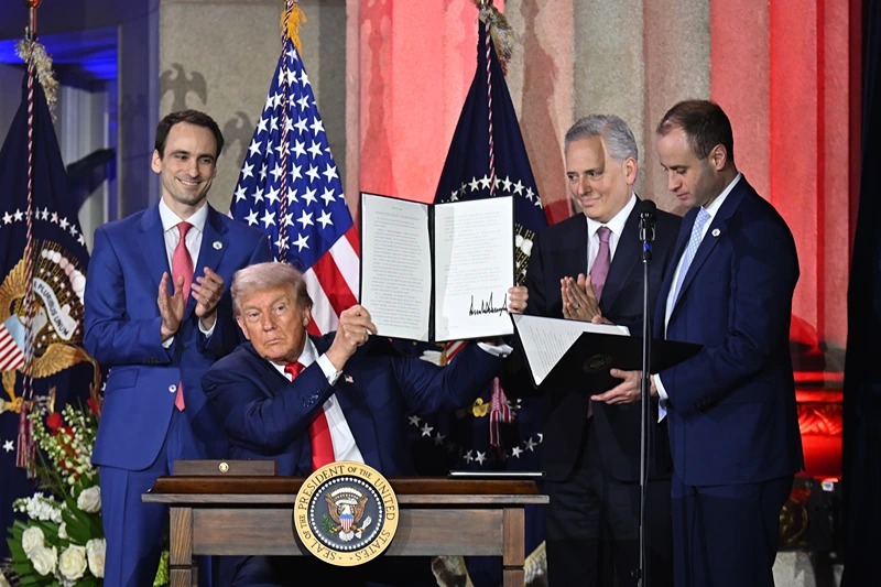 WASHINGTON, DC - JULY 23: Michael Kratsios, U.S. President Donald Trump and David O. Sacks speak onstage at the All-In and Hill & Valley Forum "Winning The AI Race" at Andrew W. Mellon Auditorium on July 23, 2025 in Washington, DC. (Photo by Roy Rochlin/Getty Images for Hill & Valley Forum)