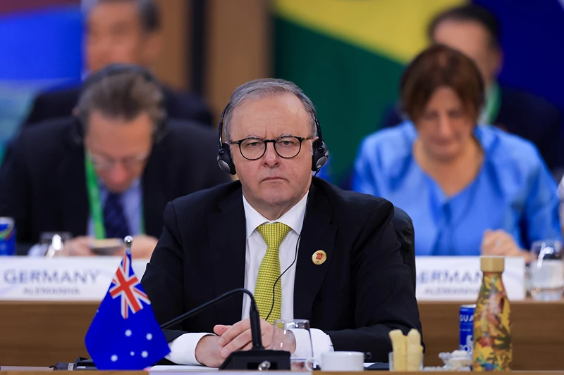 RIO DE JANEIRO, BRAZIL - NOVEMBER 18: Anthony Albanese prime minister of Australia listens during the first working session as part of the G20 Summit 2024 at Museu de Arte Moderna on November 18, 2024 in Rio de Janeiro, Brazil. The 2024 G20 Summit takes place in Brazil for the first time. The event gathers leaders of the most important economies. Starvation, sustainable development and social inclusion are some of the issues to be during the summit. (Photo by Buda Mendes/Getty Images)