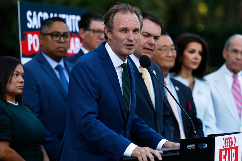 Republican Assembly member James Gallagher speaks during a press conference ahead of a meeting of the California State Assembly at the California State Capitol on August 21, 2025 in Sacramento, California. In a move to counter Texas House Republicans’ plans to redraw the state’s congressional maps ahead of the 2026 midterm elections, California Democrats are taking up a proposed constitutional amendment to temporarily redraw their own congressional maps, potentially creating five additional U.S. House seats for their party. (Photo by Justin Sullivan/Getty Images)