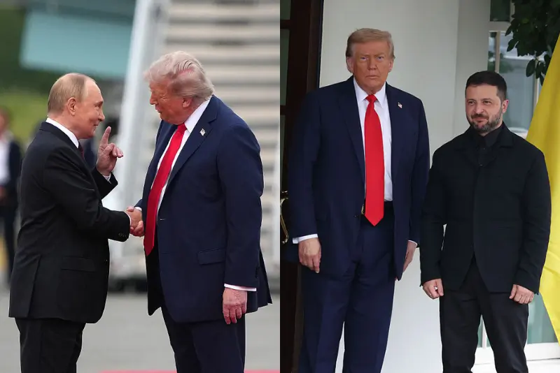 .S. President Trump And Russian President Putin Meet On War In Ukraine At U.S. Air Base In Alaska ANCHORAGE, ALASKA - AUGUST 15: U.S. President Donald Trump (R) greets Russian President Vladimir Putin as he arrives at Joint Base Elmendorf-Richardson on August 15, 2025 in Anchorage, Alaska. The two leaders are meeting for peace talks aimed at ending the war in Ukraine. (Photo by Andrew Harnik/Getty Images) / WASHINGTON, DC - AUGUST 18: U.S. President Donald Trump greets Ukrainian President Volodymyr Zelensky at the White House on August 18, 2025 in Washington, DC. President Trump is hosting President Zelensky at the White House for a bilateral meeting and later an expanded meeting with European leaders to discuss a peace deal between Russia and Ukraine. (Photo by Tasos Katopodis/Getty Images)