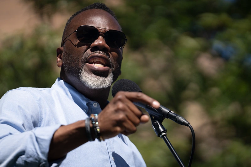 Chicago Mayor Brandon Johnson speaks to the crowd while participating in the Labor Day Workers Over Billionaires rally, in solidarity with labor unions and advocacy groups, on September 1, 2025 in Chicago, Illinois. The demonstration was one of hundreds scheduled to take place across the country today, in opposition to the Trump administration's policies. (Photo by Audrey Richardson/Getty Images)