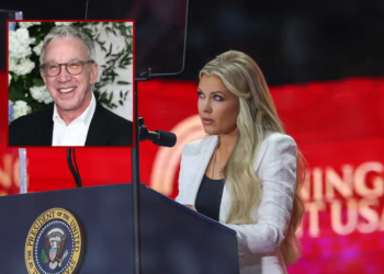 Mrs. Erika Kirk speaks during the memorial service for her husband, political activist Charlie Kirk at State Farm Stadium on September 21, 2025 in Glendale, Arizona. Kirk, the CEO and co-founder of Turning Point USA, was shot and killed on September 10th while speaking at an event during his "American Comeback Tour" at Utah Valley University. (Photo by Eric Thayer/Getty Images) / Tim Allen attends the 2025 Disney Upfront at Javits Center on May 13, 2025 in New York City. (Photo by Arturo Holmes/Getty Images)