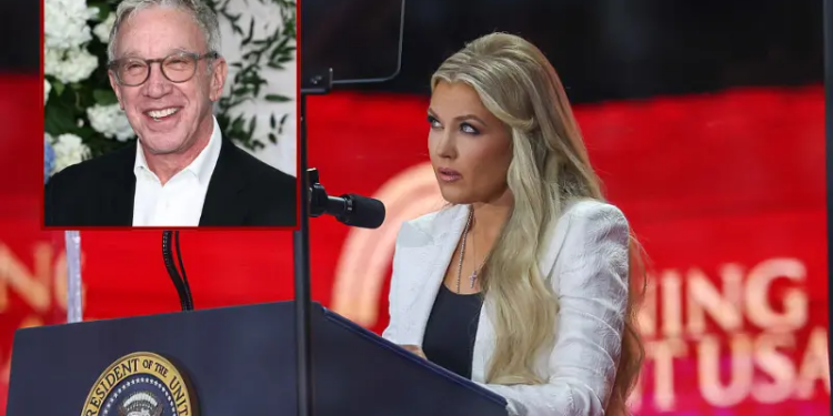 Mrs. Erika Kirk speaks during the memorial service for her husband, political activist Charlie Kirk at State Farm Stadium on September 21, 2025 in Glendale, Arizona. Kirk, the CEO and co-founder of Turning Point USA, was shot and killed on September 10th while speaking at an event during his "American Comeback Tour" at Utah Valley University. (Photo by Eric Thayer/Getty Images) / Tim Allen attends the 2025 Disney Upfront at Javits Center on May 13, 2025 in New York City. (Photo by Arturo Holmes/Getty Images)