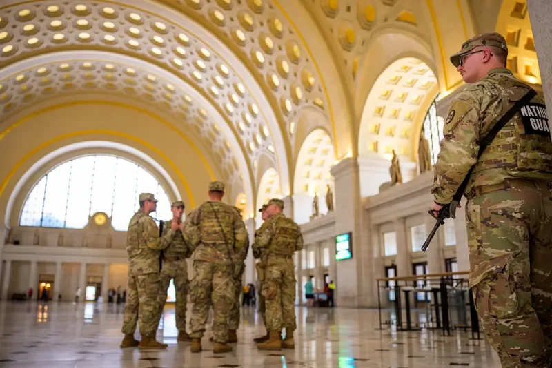 WASHINGTON, DC - SEPTEMBER 8: Members of the National Guard stand in Union Station on September 8, 2025 in Washington, DC. Congress is not expected to extend the Trump administration's federal control of the DC Metropolitan Police Department which is set to expire September 10th. (Photo by Andrew Harnik/Getty Images)