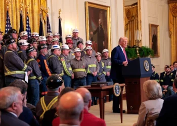 WASHINGTON, DC - APRIL 08: U.S. President Donald Trump speaks alongside coal and energy workers during an executive order signing ceremony in the East Room of the White House on April 08, 2025 in Washington, DC. The Trump administration has elected to roll back Biden-era environmental policies with the intention to help revive coal-fired plants in order to restore America’s energy independence. (Photo by Anna Moneymaker/Getty Images)