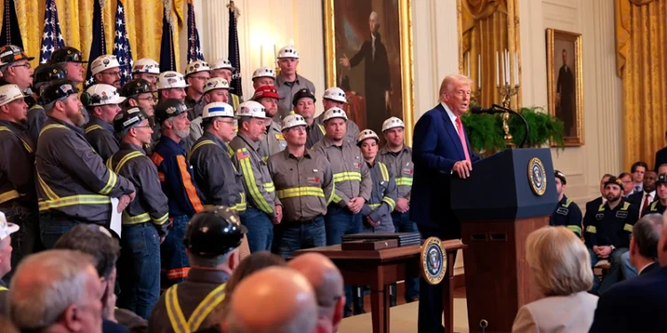 WASHINGTON, DC - APRIL 08: U.S. President Donald Trump speaks alongside coal and energy workers during an executive order signing ceremony in the East Room of the White House on April 08, 2025 in Washington, DC. The Trump administration has elected to roll back Biden-era environmental policies with the intention to help revive coal-fired plants in order to restore America’s energy independence. (Photo by Anna Moneymaker/Getty Images)