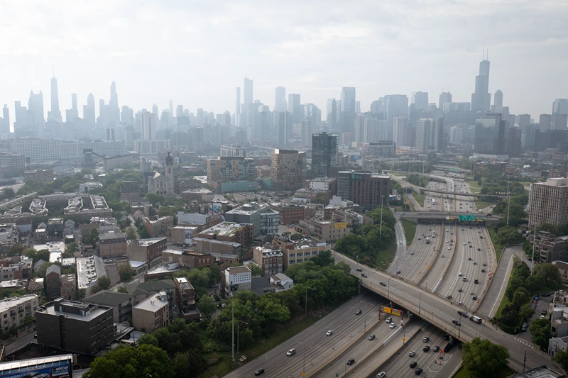 CHICAGO, ILLINOIS - JUNE 06: An aerial view shows smoke from Canadian wildfires dimming the city
