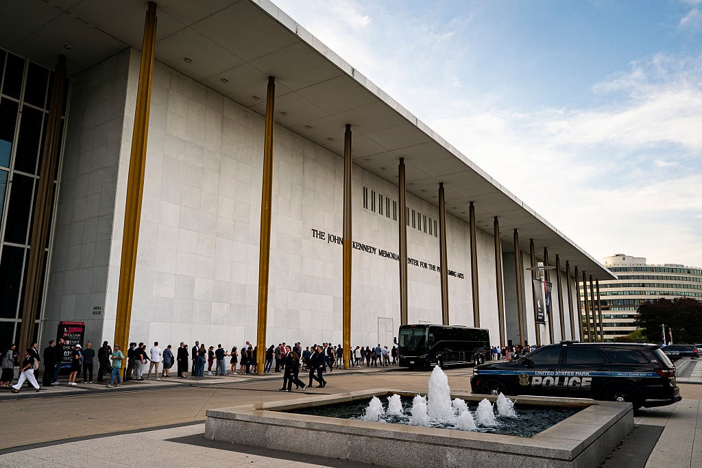 Vigil Held For Charlie Kirk At The Kennedy Center In Washington, DCWASHINGTON, DC - SEPTEMBER 14: People wait in line prior to a prayer vigil for political activist Charlie Kirk outside the John F. Kennedy Center for the Performing Arts on September 14, 2025 in Washington, DC. Kirk was shot and killed by a gunman on September 10 while speaking at Utah Valley University. (Photo by Al Drago/Getty Images)