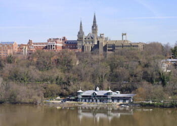 Ciew shows the spires of Healy Hall on the Georgetown University campus in Washington, DC