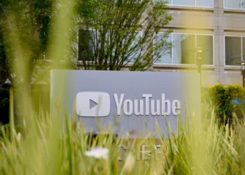 The YouTube logo is seen outside the company