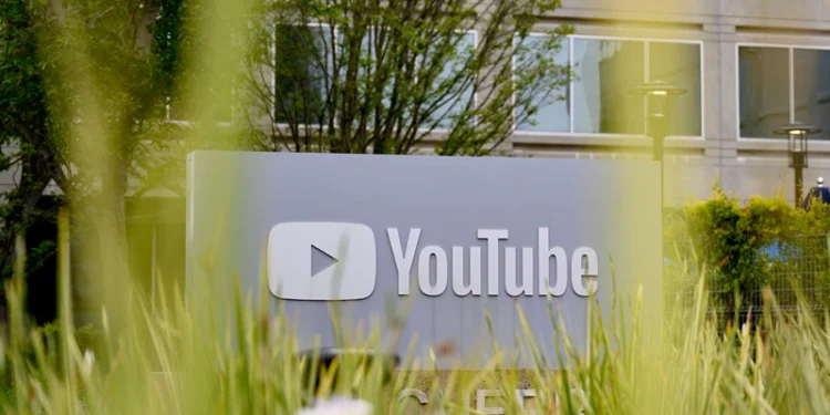 The YouTube logo is seen outside the company