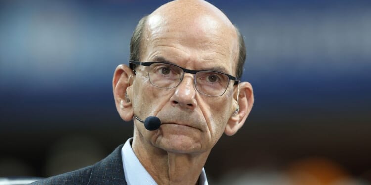 Paul Finebaum sits on the set of SEC Network prior to the 2025 Aflac Kickoff Game between the Syracuse Orange and the Tennessee Volunteers in Atlanta, Georgia, on Aug. 30.