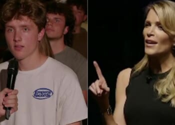 During a Turning Point USA event at Virginia Tech on Wednesday, Megyn Kelly, right, shut down a student, left, who attempted to claim that President Donald Trump incited violence towards the left and was - at least partially - to blame for the assassination of Charlie Kirk.