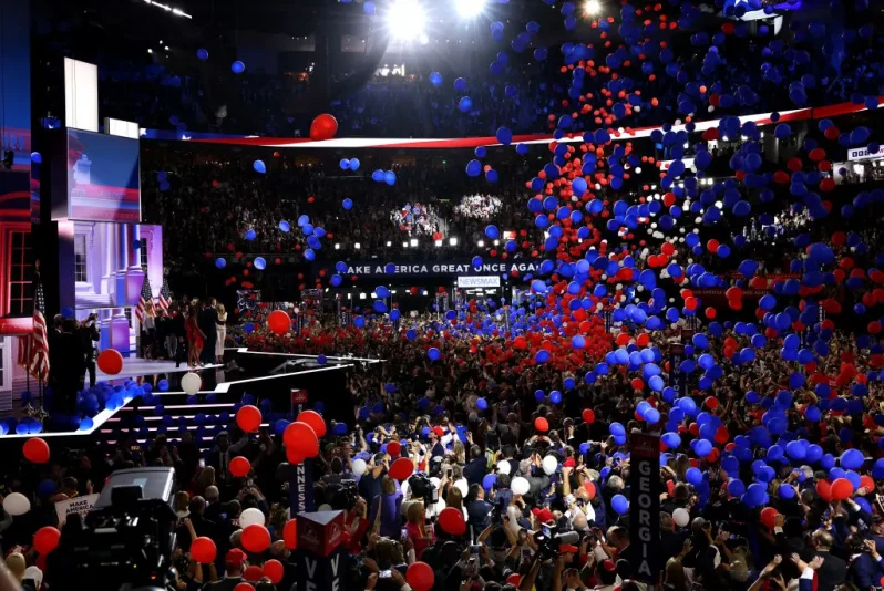 MILWAUKEE, WISCONSIN - JULY 18: Balloons fall after Republican presidential nominee, former U.S. President Donald Trump officially accepted the Republican presidential nomination on the fourth day of the Republican National Convention at the Fiserv Forum on July 18, 2024 in Milwaukee, Wisconsin. Delegates, politicians, and the Republican faithful are in Milwaukee for the annual convention, concluding with former President Donald Trump accepting his party's presidential nomination. The RNC takes place from July 15-18. (Photo by Leon Neal/Getty Images)