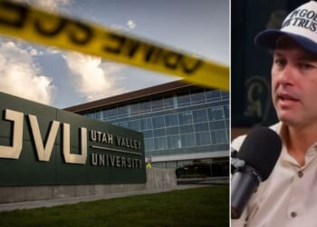 Turning Point COO Tyler Bowyer discussed the security situation at Utah Valley University, left, where conservative icon Charlie Kirk was assassinated Sept. 10.