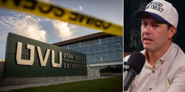 Turning Point COO Tyler Bowyer discussed the security situation at Utah Valley University, left, where conservative icon Charlie Kirk was assassinated Sept. 10.