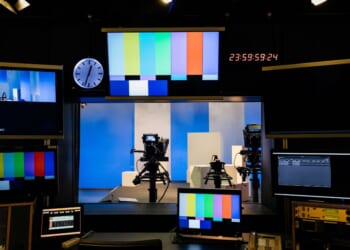 An array of TV and video equipment in a university studio for students to learn with.