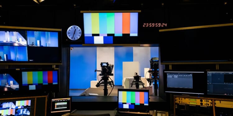 An array of TV and video equipment in a university studio for students to learn with.