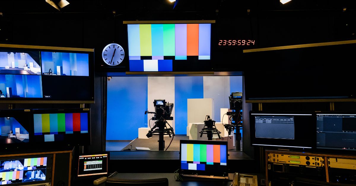 An array of TV and video equipment in a university studio for students to learn with.