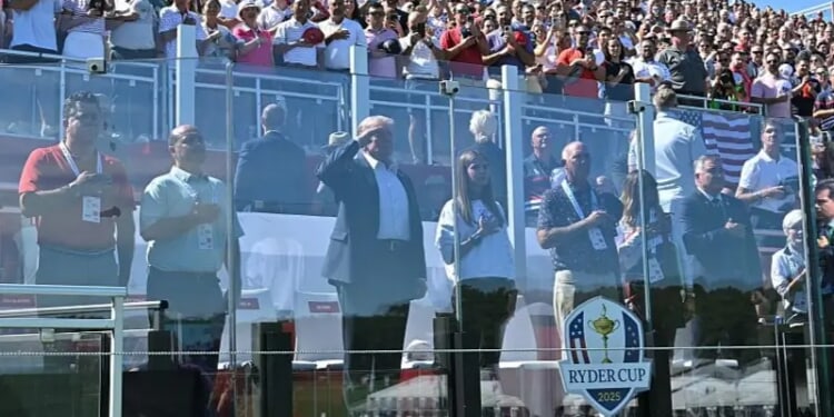 U.S. President Donald Trump, along with his granddaughter Kai Madison Trump, attends the 2025 Ryder Cup at Black Course at Bethpage State Park Golf Course on September 26, 2025 in Farmingdale, New York. In his second term, Trump has attended several major sporting events. (Photo by Mandel Ngan-Pool/Getty Images)