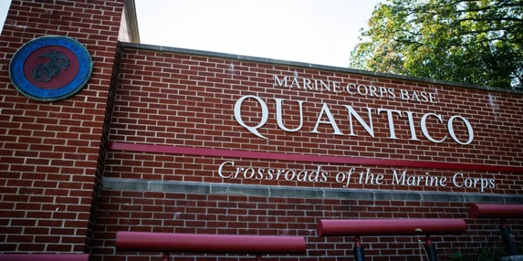 QUANTICO, VIRGINIA - SEPTEMBER 28: The sign for Marine Corps Base Quantico is seen outside of the main gate on September 28, 2025 in Quantico, Virginia. According to reports, Several hundred of the U.S. military