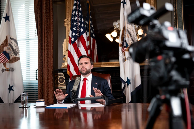 WASHINGTON, DC - SEPTEMBER 15: U.S. Vice President JD Vance hosts a podcast episode of