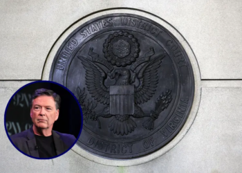 The seal of the U.S. District Court, Eastern District of Virginia is seen on the outside of the Albert V. Bryan United States Courthouse on September 25, 2025 in Alexandria, Virginia. Former FBI Director James Comey was indicted by a Virginia grand jury on charges of making a false statement and obstruction during congressional testimony in 2020. (Photo by Alex Wong/Getty Images) / Nicolle Wallace (L) interviews James Comey onstage during Former FBI Director James Comey In Conversation With MSNBC