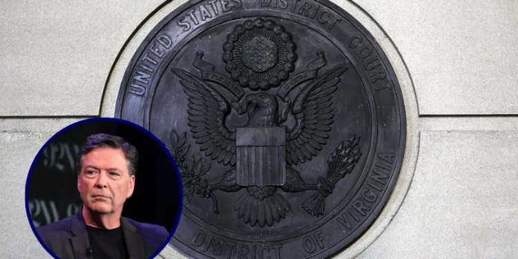 The seal of the U.S. District Court, Eastern District of Virginia is seen on the outside of the Albert V. Bryan United States Courthouse on September 25, 2025 in Alexandria, Virginia. Former FBI Director James Comey was indicted by a Virginia grand jury on charges of making a false statement and obstruction during congressional testimony in 2020. (Photo by Alex Wong/Getty Images) / Nicolle Wallace (L) interviews James Comey onstage during Former FBI Director James Comey In Conversation With MSNBC