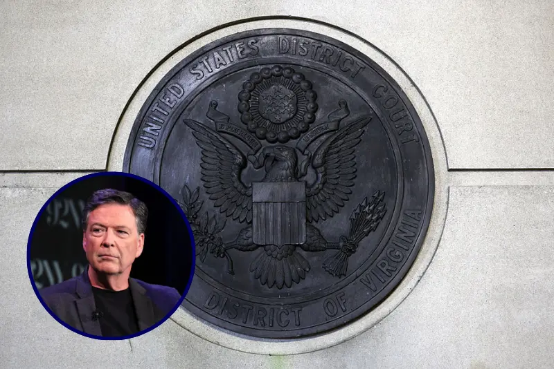 The seal of the U.S. District Court, Eastern District of Virginia is seen on the outside of the Albert V. Bryan United States Courthouse on September 25, 2025 in Alexandria, Virginia. Former FBI Director James Comey was indicted by a Virginia grand jury on charges of making a false statement and obstruction during congressional testimony in 2020. (Photo by Alex Wong/Getty Images) / Nicolle Wallace (L) interviews James Comey onstage during Former FBI Director James Comey In Conversation With MSNBC